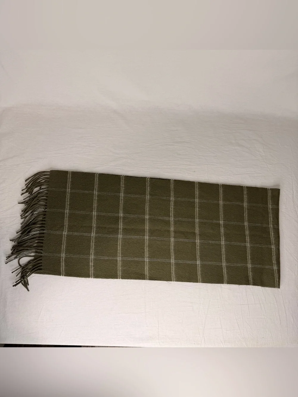 Pronto Uomo 100 Pure New Wool Scarf Olive Green Windowpane Fringe Woolmark
